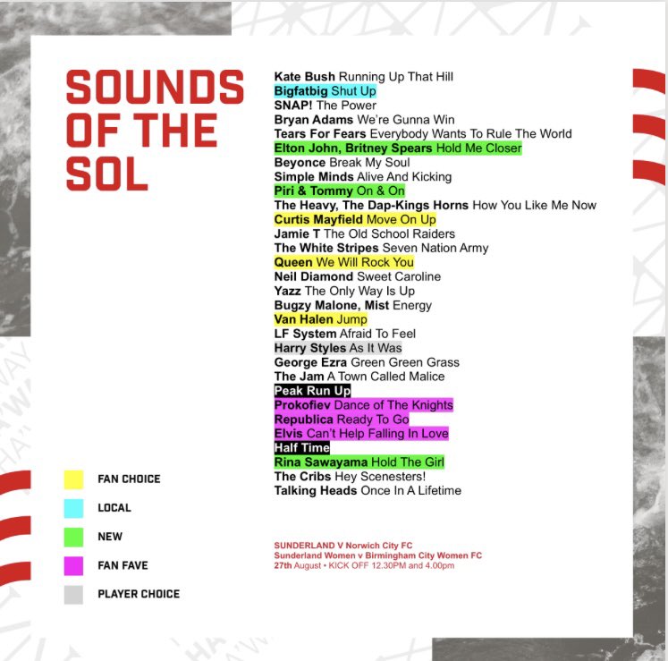 #soundsofthesol DOUBLE HEADER @SunderlandAFC v @NorwichCityFC 

@SAFCWomen v @BCFCWomen feat @Harry_Styles @eltonofficial @britneyspears @thecribs and local band @bigfatbig_