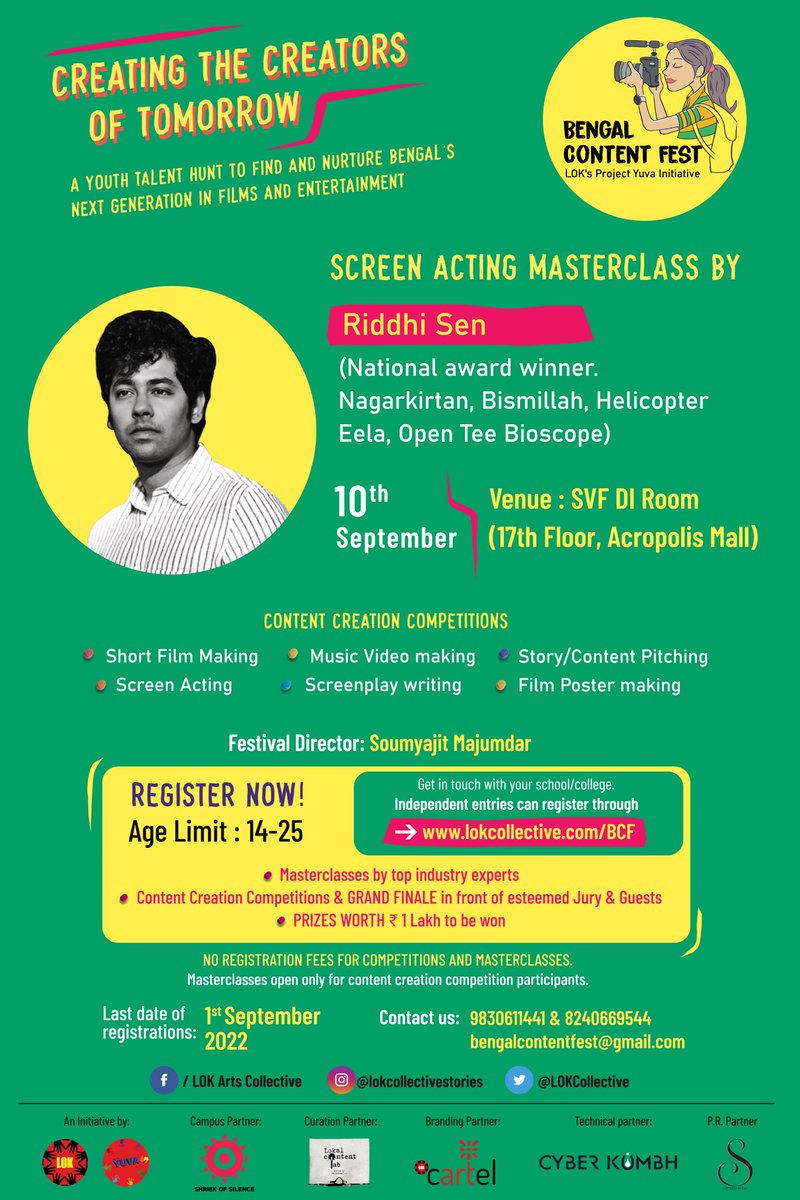 Learn about the nuances and intricacies of screen acting from Riddhi Sen at LOK Project Yuva's initiative Bengal Content Fest supported by #SVF. Register now on lokcollective.com/BCF. 

<a href="/riddhisen896/">Riddhi Sen</a> <a href="/LOKCollective/">Lok Arts Collective</a> <a href="/soumyajitLOK/">soumyajit majumdar</a> <a href="/AhanaSVF/">AhanaK</a> <a href="/abhishekdagaa/">abhishek daga</a>
