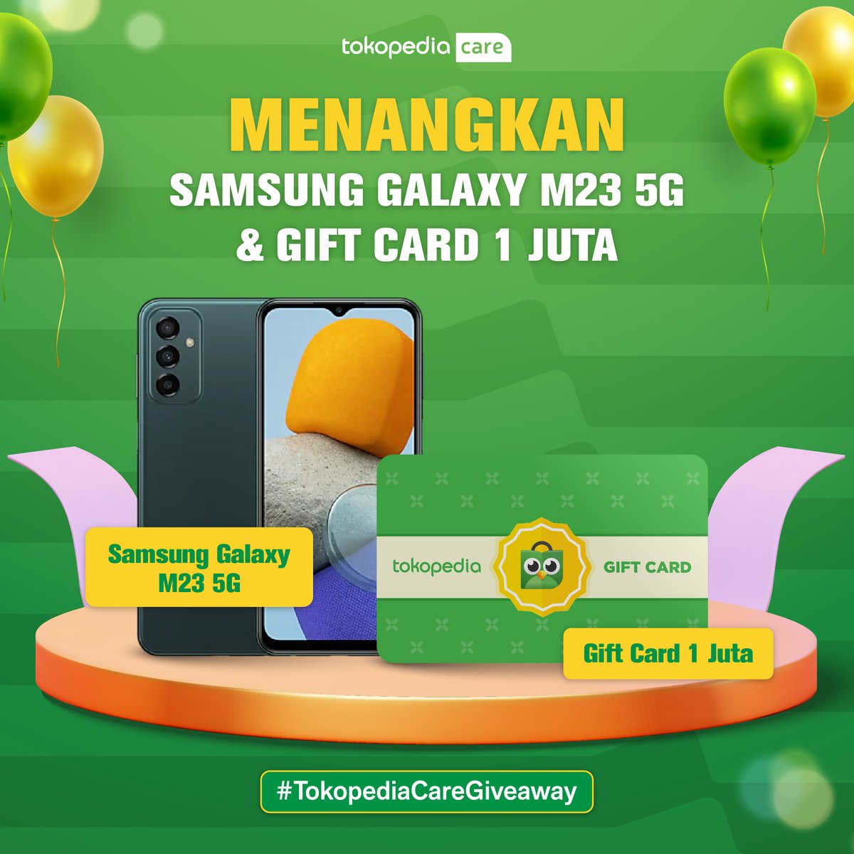 TokopediaCare's tweet photo. ✨MENANGKAN HP SAMSUNG M23 5G &amp; GIFT CARD 1 JUTA✨

1. RT &amp; LIKE Tweet Ini
2. REPLY tweet dgn "Transaksi Aman Nyaman Bersama @TokopediaCare 💚💚💚 #TokopediaCareGiveaway" SEBANYAK-BANYAKNYA 
3. WAJIB FOLLOW IG &amp; Twitter @TokopediaCare
4. 1 pemenang HP &amp; 1 pemenang GC dipilih acak https://t.co/4SntYHo4wH