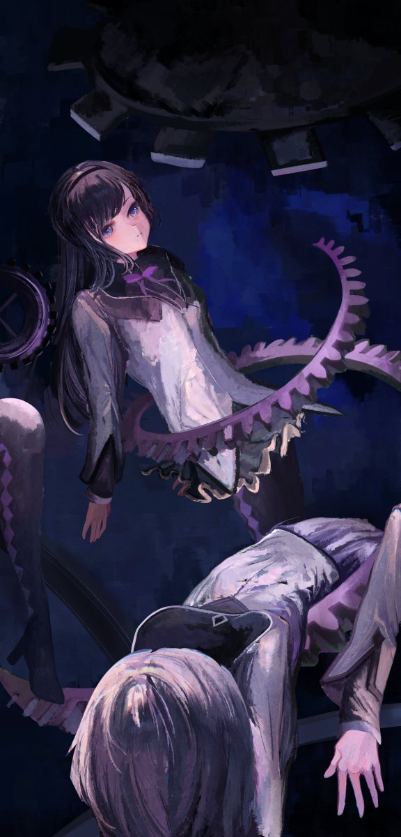 akemi homura long hair black hair multiple girls hairband skirt long sleeves purple eyes  illustration images
