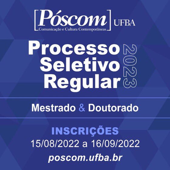 Pos_Com's tweet photo. Já foi publicado o Edital da Seleção Regular para Mestrado e Doutorado do Póscom. As inscrições serão realizadas exclusivamente de forma online, de 15 de agosto a 16 de setembro de 2022. Página da Seleção: https://t.co/yiof17l0Cm https://t.co/As2FPqogYS