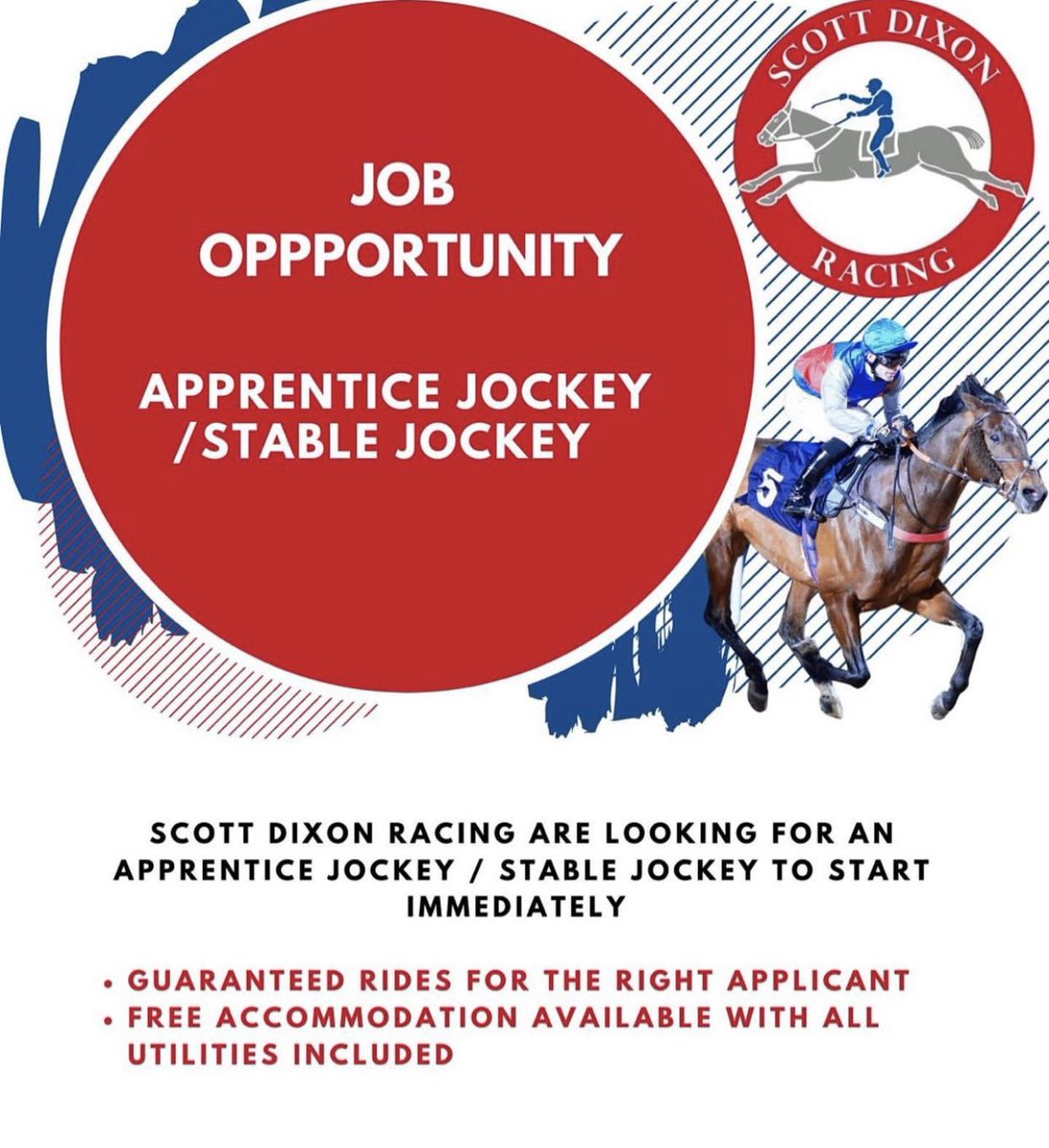 ScottPJDixon's tweet photo. 🐎JOB OPPORTUNITY 🐎 Scott Dixon Racing are looking for an Apprentice Jockey / stable jockey to start immediately 

Please call Scott Dixon on 07985312199 or email scottdixonracing@hotmail.com https://t.co/1qaa9brvZk