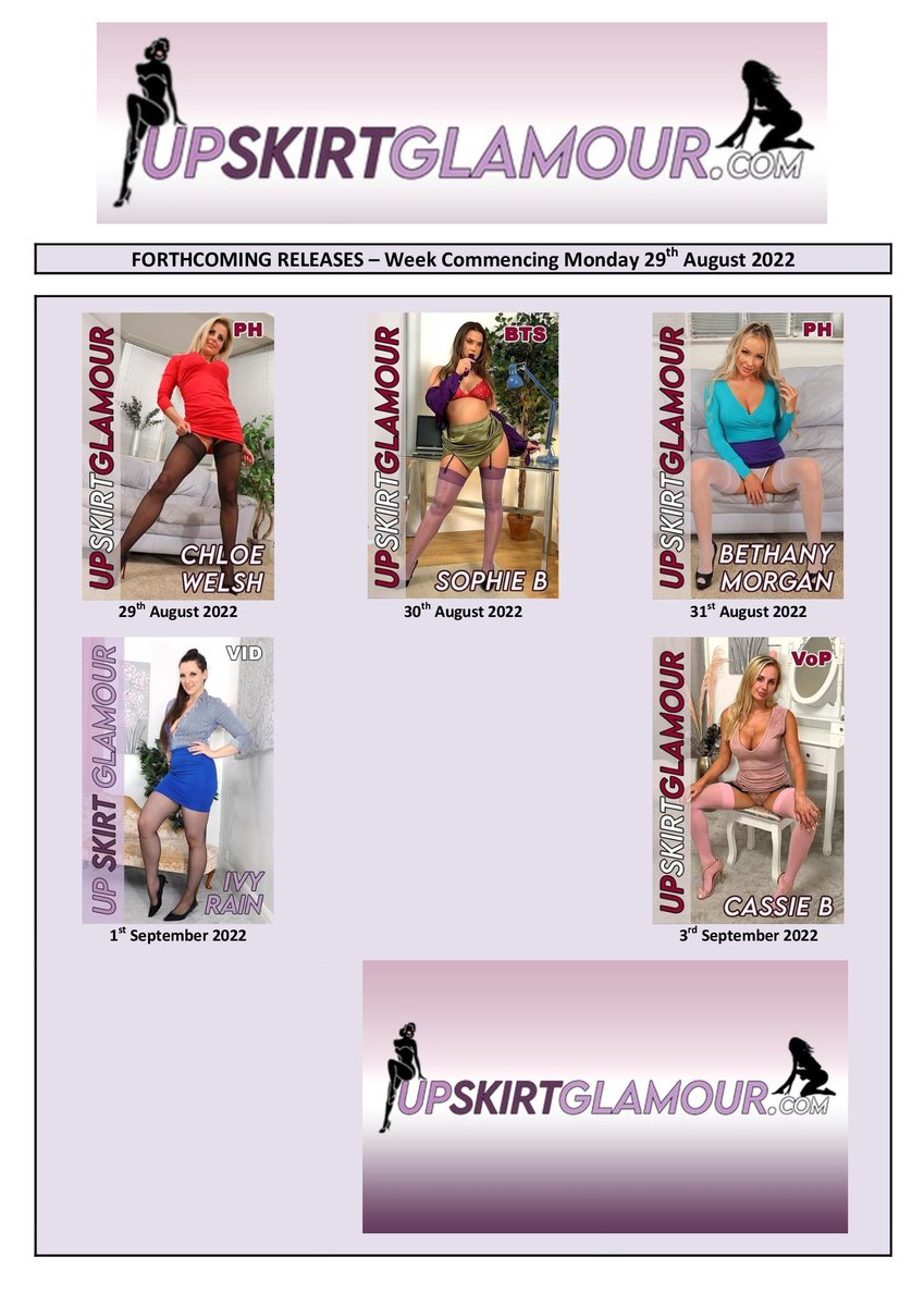UpSkirtGlamour's tweet photo. Releases coming up on https://t.co/GbZZqAgukf from
@MAFWorld
🗓️ W/C Monday 29th August 2022
🚺 #ChloeWelsh @Sophiebmodel @xbethmorganx @LittleMissIvyy @bill1995xx
🙌 @bringbackpage3 @Page3Classics https://t.co/Vywx1gpIAO