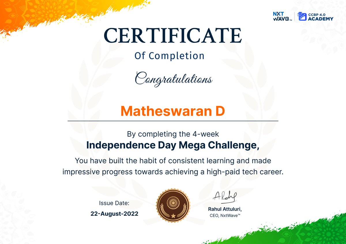 MATHESWARAND3's tweet image. #Haieveryone✨
.#Happpy for learning...
#iwon my independence day challenge get certificate...
#consistancy learning valuable thinks you won...
#Thank  you  nxt wave ccbp4