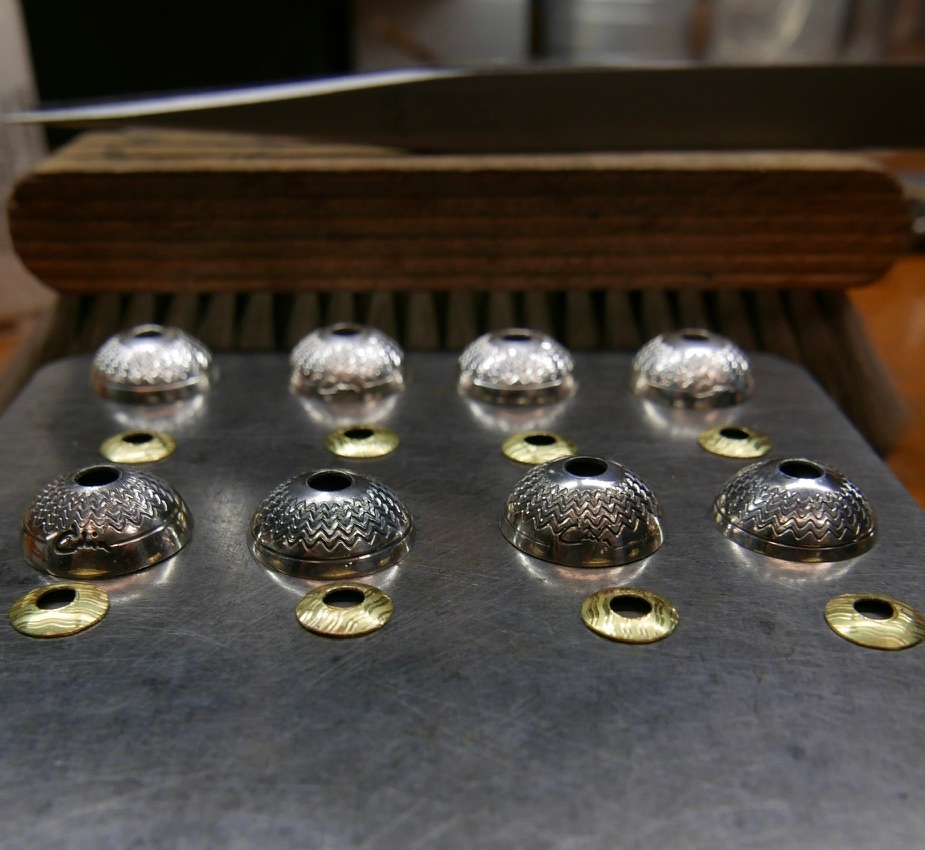 celiakudro's tweet photo. Baubles/Beads in process. The 18K washers are engraved on the independent straight line machine and the guilloché on the silver is from the rose engine. https://t.co/w8BESpwD2c