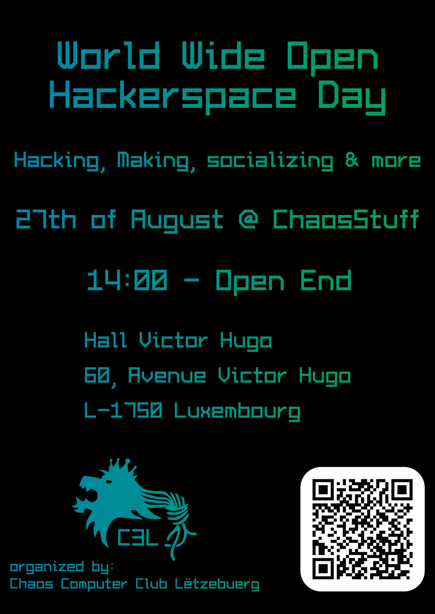 CCC Lëtzebuerg (@c3l_) on Twitter photo Today, at 14 o'clock, we open our doors for the "World Wide Open Hackerspace Day". If you ever wondered, what we do, today is the day to come by in our <a href="/chaosstuff_/">ChaosStuff</a> /cc <a href="/chaosupdates/">CCC Updates</a> Today, at 14 o'clock, we open our doors for the "World Wide Open Hackerspace Day". If you ever wondered, what we do, today is the day to come by in our <a href="/chaosstuff_/">ChaosStuff</a> /cc <a href="/chaosupdates/">CCC Updates</a>