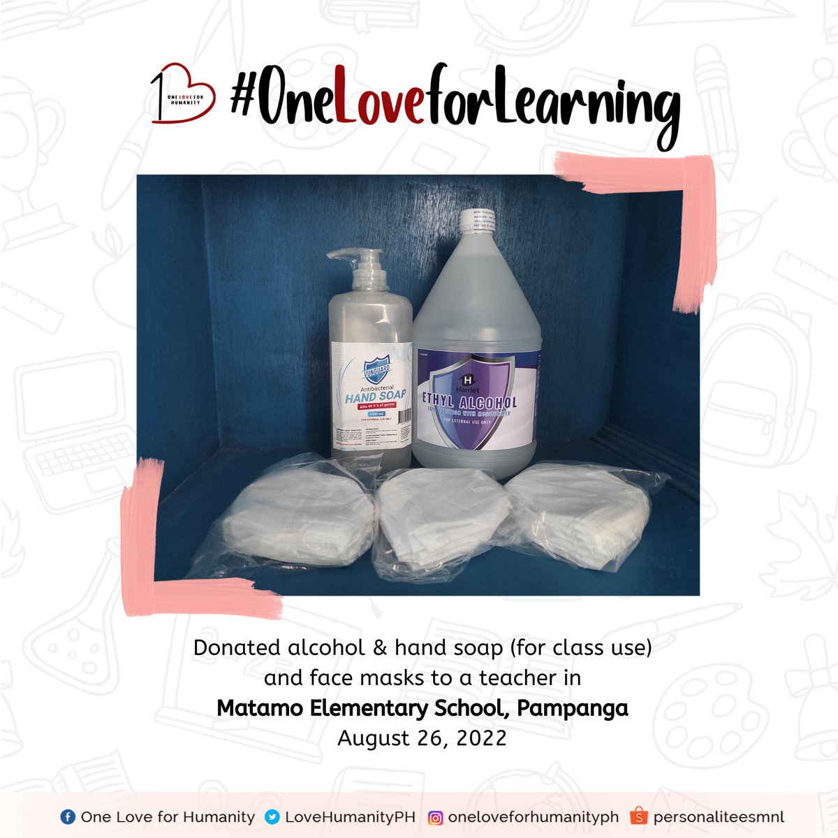 lovehumanityph's tweet photo. #OneLoveForLearning Update: 

Donated school supplies, alcohol, hand soap, face masks to a class in Matamo Elementary School, Pampanga. 💖

Please keep on supporting our campaign so we can help more students &amp; teachers this school year. 🥰

More info here:
https://t.co/L7UEaEpk9i https://t.co/BV2rpGC2Qf