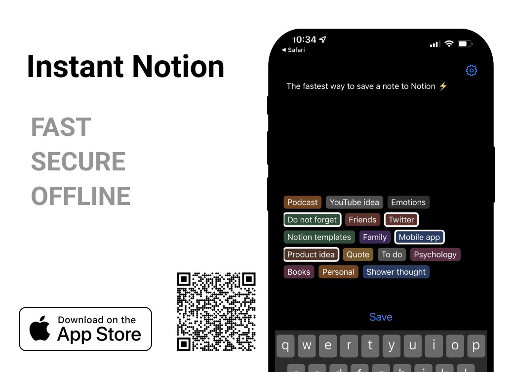 Instant Notion is live in the App Store, for free! 🎉

I built it for myself to speed up saving tagged notes to <a href="/NotionHQ/">Notion</a>. It's been super useful when listening to podcasts and taking walks. I love it and I think you will too! 🖤

Comments and RTs appreciated, thanks! 🙌🏻