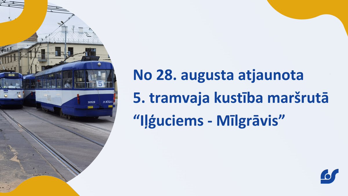 No svētdienas, 28. augusta, pirmā reisa atjaunota 5. tramvaja kustība pa pamata maršrutu “Iļģuciems - Mīlgrāvis”.

Vairāk informācijas: rigassatiksme.lv/lv/aktualitate…
