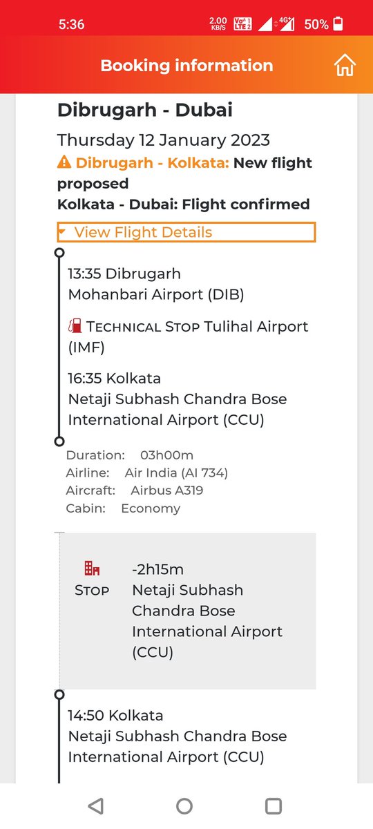 thepathan's tweet photo. @airindiain I had booked tickets on a flight via air india from Dibrugah to Dubai. Now the flights have changed and the same does not make any sense. My flight lands at 16.35 but my connecting flight to Dubai leaves at 14.50 the same day.  Doesn't make any sense. https://t.co/4zcyGfQMS9