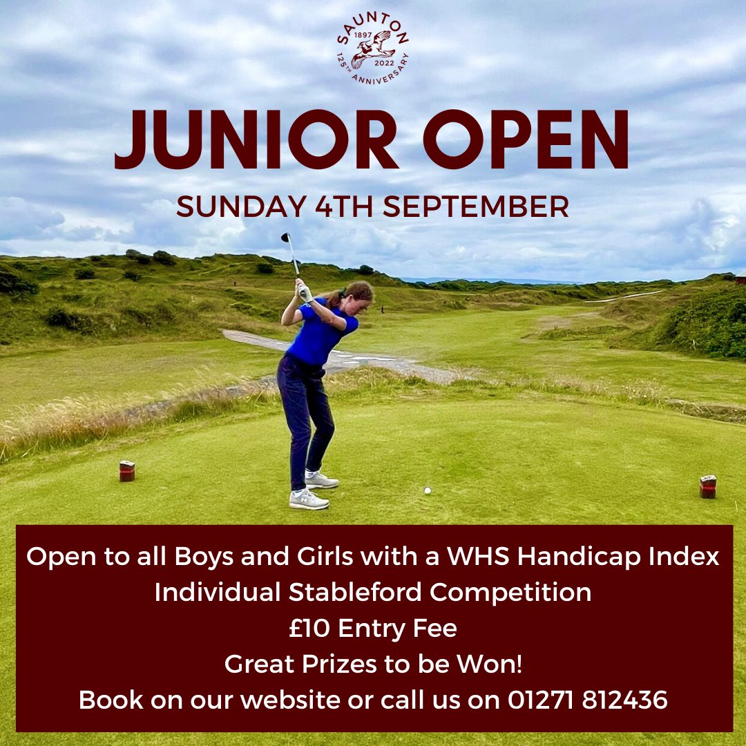 🚨 JUNIOR OPEN 2022 🚨

Our Junior Open takes place next Sunday and we have a few final spaces left!

Please book on our website or call us on 01271 812436 to make an entry ☎️ 

We look forward to welcoming all Juniors to Saunton next Sunday 🤝 

#SauntonGolfClub