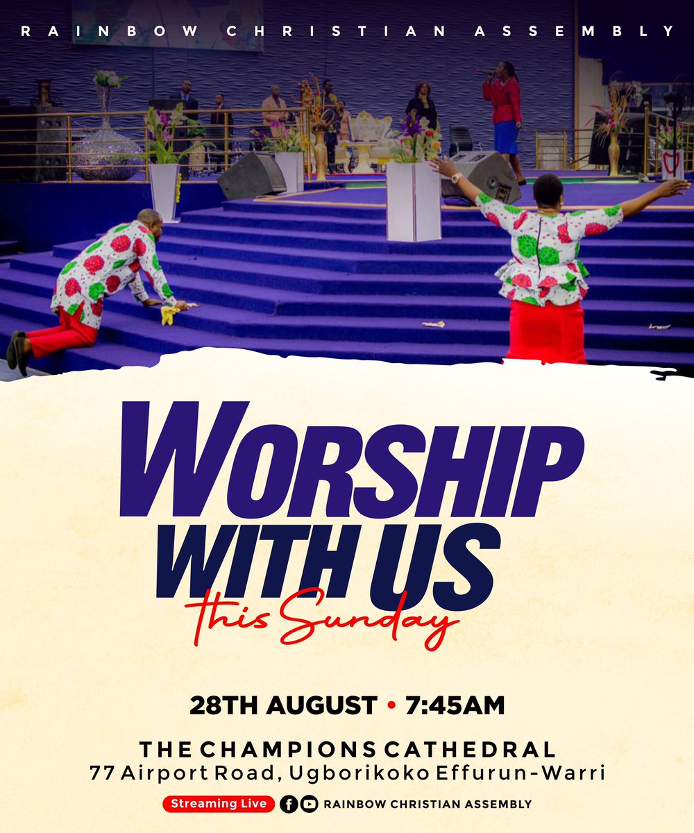 rcanigeria's tweet photo. There are some places in life you cannot get to by yourself. There are heights you cannot attain all alone until you experience a Divine Shift.

Worship with us this Sunday, the 28th of August and activate God’s seed of greatness in you.

Service starts by 7:45am. Come believing https://t.co/WAPiZpotmz