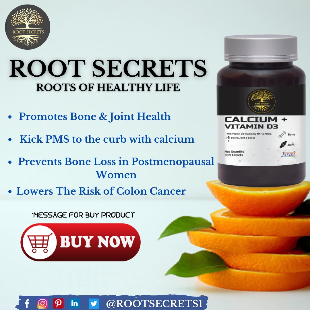 Rootsecrets1's tweet photo. BENEFITS OF CALCIUM+ VITAMIN D3
1) Promotes Bone &amp; Joint Health
2) Prevents Bone Loss in Postmenopausal Women
3) Helps To Ease PMS
4) Lowers The Risk of Colon Cancer
Follow our Page for interesting Post: @rootsecrets1

#rootsecrets #jointbones #bones #cancer #jointshealth #bones https://t.co/aWVzerYShL