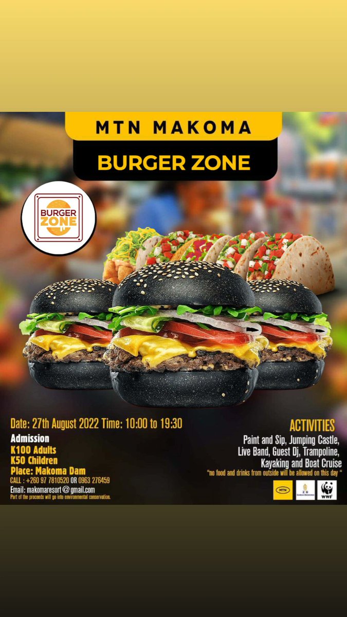 BurgerzoneZed's tweet photo. We are at The Mtn Food and farmers festival at Makoma Dam in Luanshya today. Serving you good food and vibes. Come through. https://t.co/LFxDyG24VG