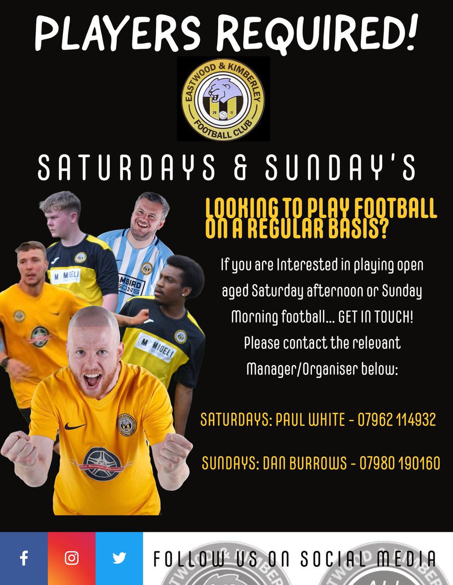 🆘 PLAYERS URGENTLY REQUIRED 🆘 

PLEASE SHARE 

Both our squads still require players. If interested please contact the relevant manager on the image.

🟡⚫️

#enkfc