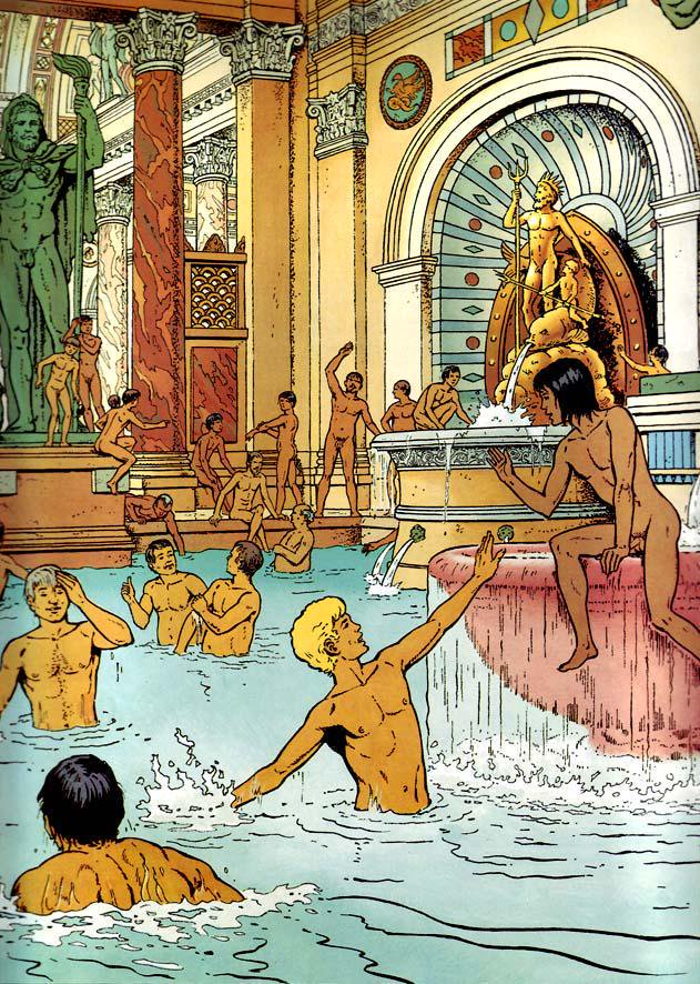 antinousgaygod's tweet photo. 🪷 Have a swim party today: 27 Aug is the #Volturnalia feast of #Volturnus, Roman god of rivers, fountains, pools. Dive in: the water's great! Blond Roman #Alix and his Egyptian orphan sidekick #Enak enjoy the #Caracalla Baths in #JacquesMartin #comicbooks "L'Odyssée d'Alix".🪷 https://t.co/mCdVmb5csk