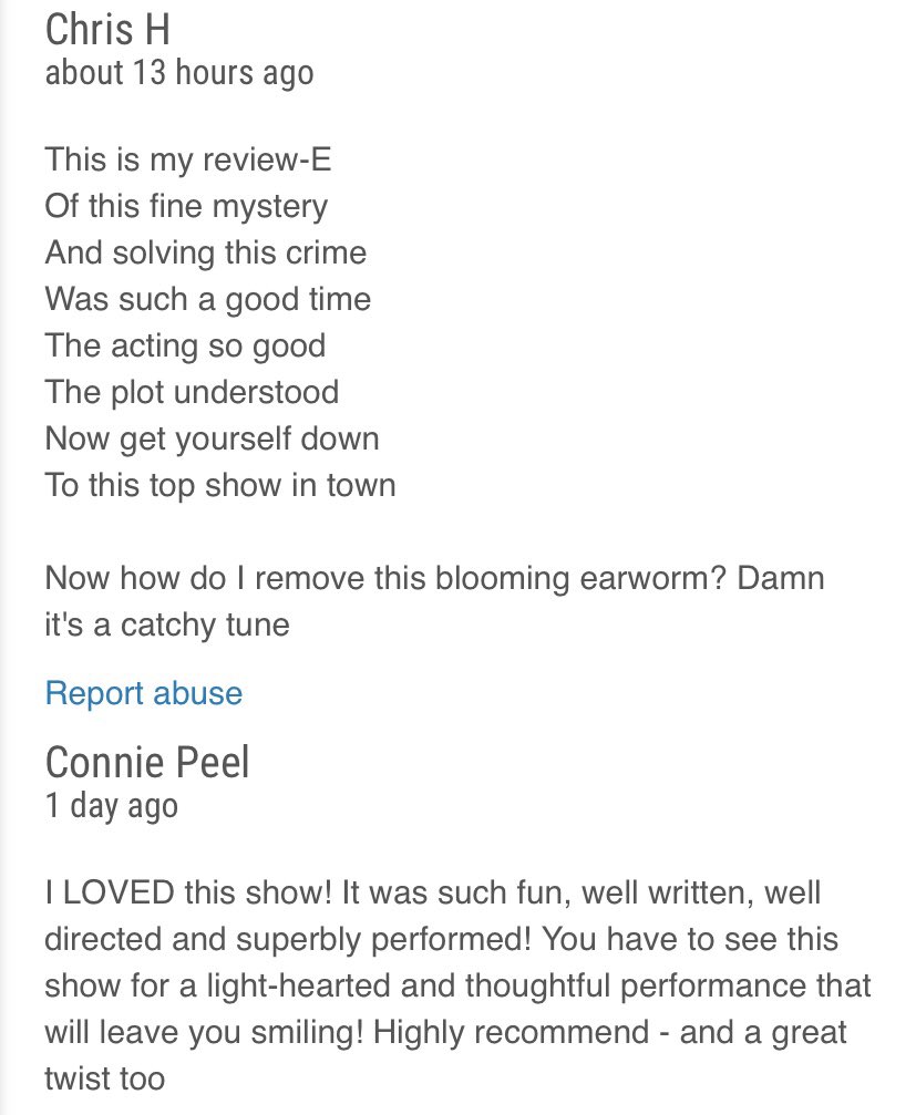 Wow these audience reviews!!! #edfringe goers you are amazing. There is one more performance <a href="/theSpaceUK/">theSpaceUK</a> on the Mile at 19:50 of ‘There’s No Mystery in Murder!’