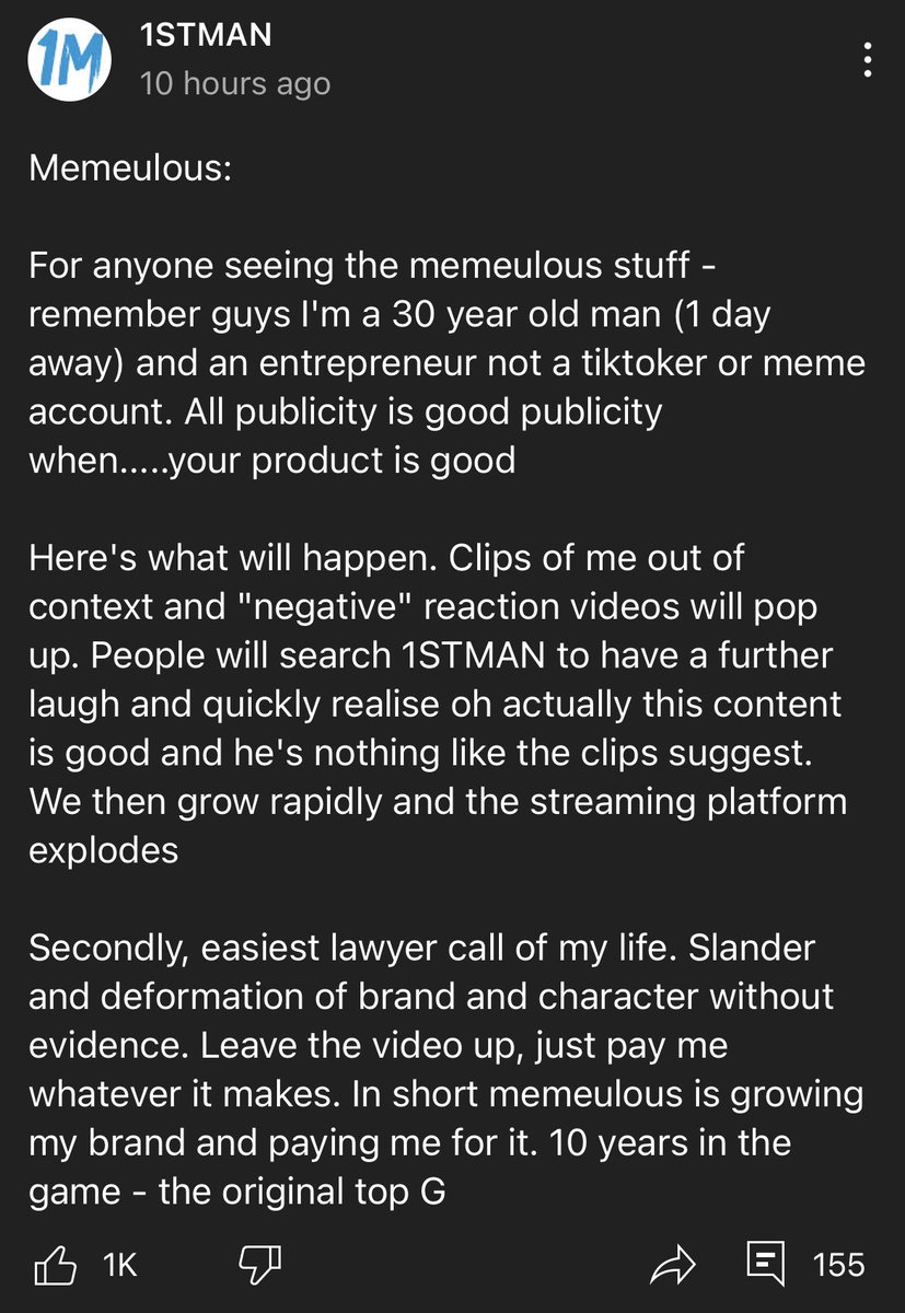 Memeulous's tweet photo. it seems 1stman is genuinely threatening to sue me for defamation, didn’t defame him once so it’s obviously going to go nowhere but still what a pathetic guy. preaching all this alpha shit but when someone laughs at him he cries and threatens to sue https://t.co/hfSmxKgMZa