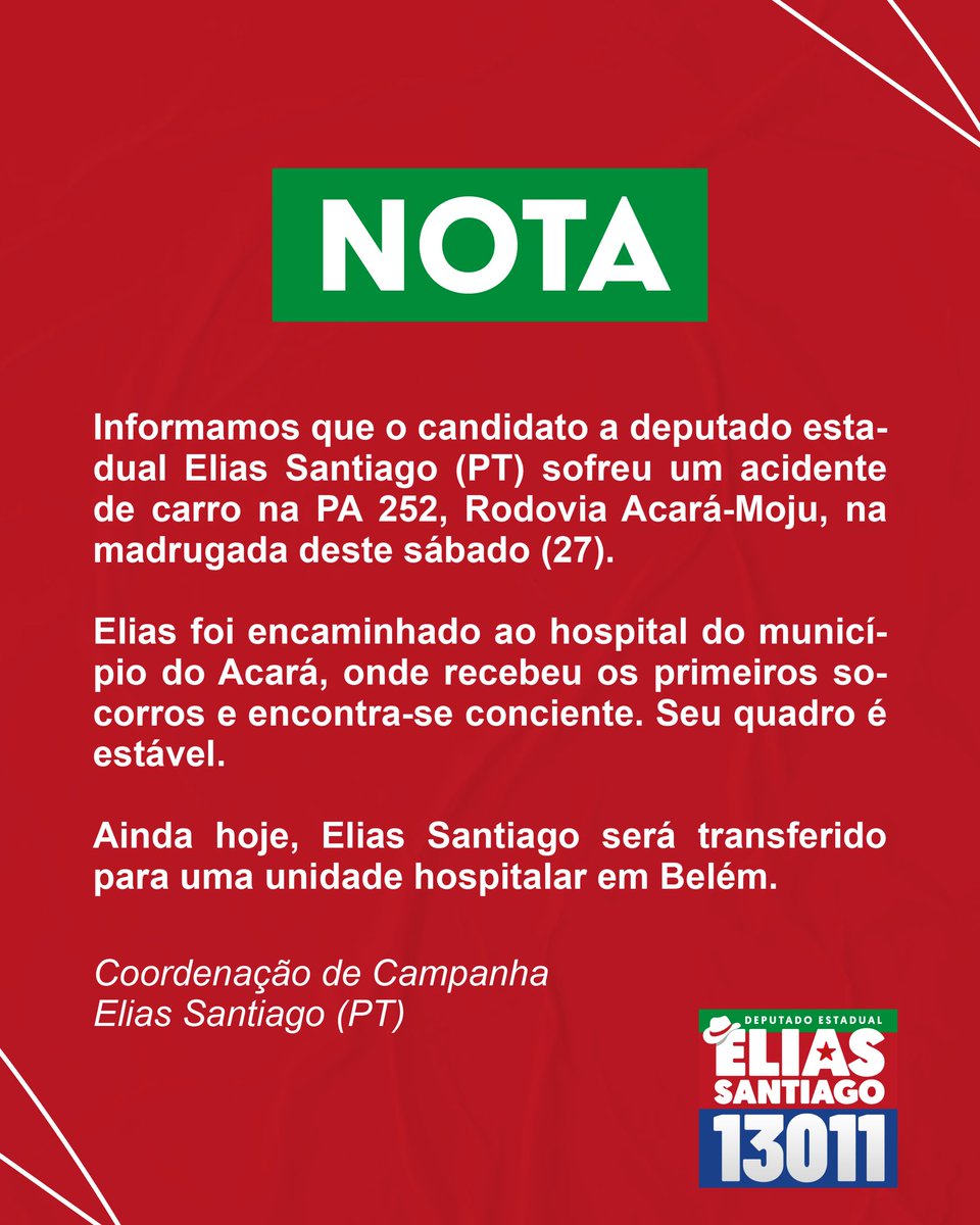 eliassantiagopt's tweet photo. O candidato a deputado estadual Elias Santiago sofreu um acidente de carro, na madrugada deste sábado (27). Seu quadro clínico é estável. #EquipeES https://t.co/HDdIBVGr2b
