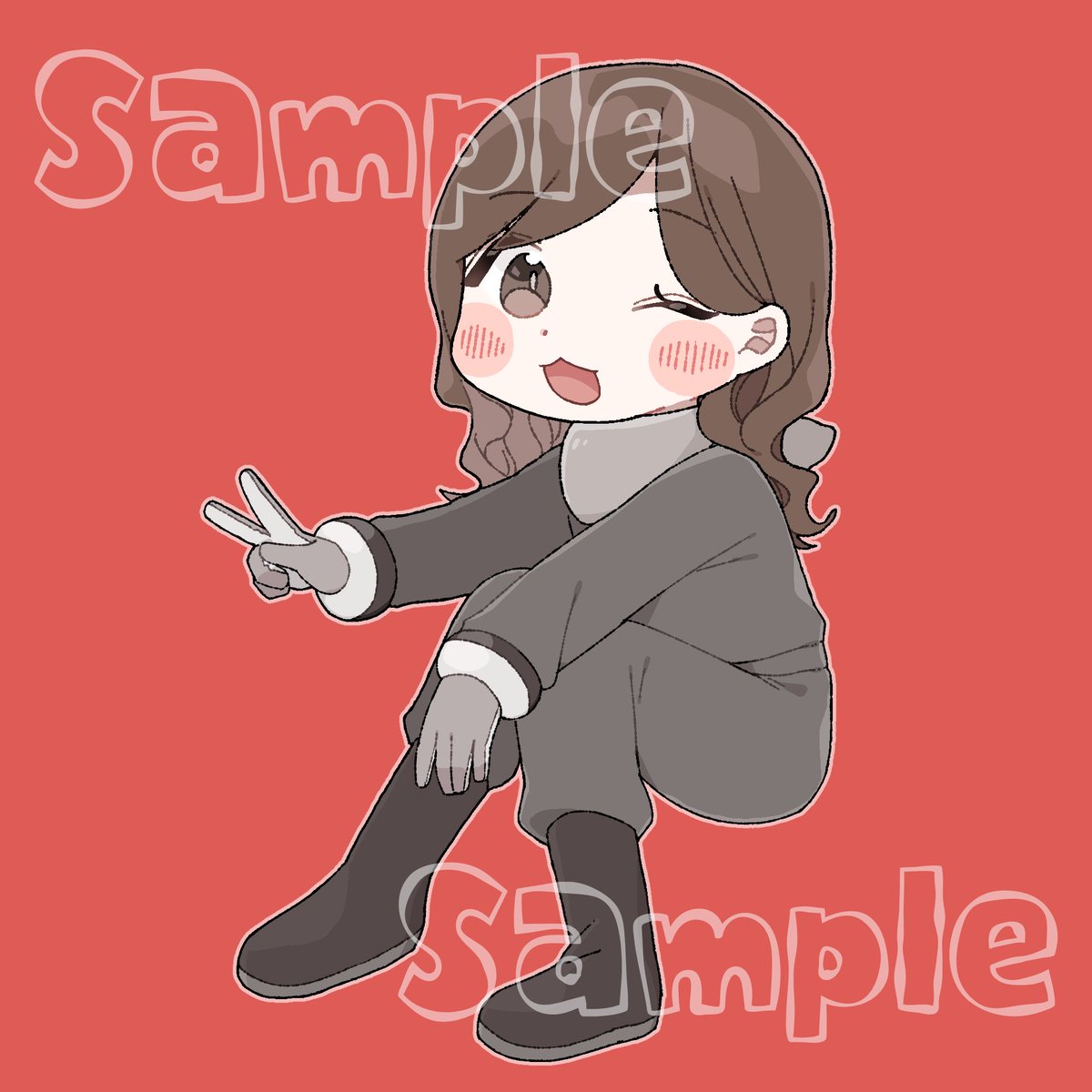 1girl brown hair solo one eye closed red background v brown eyes  illustration images