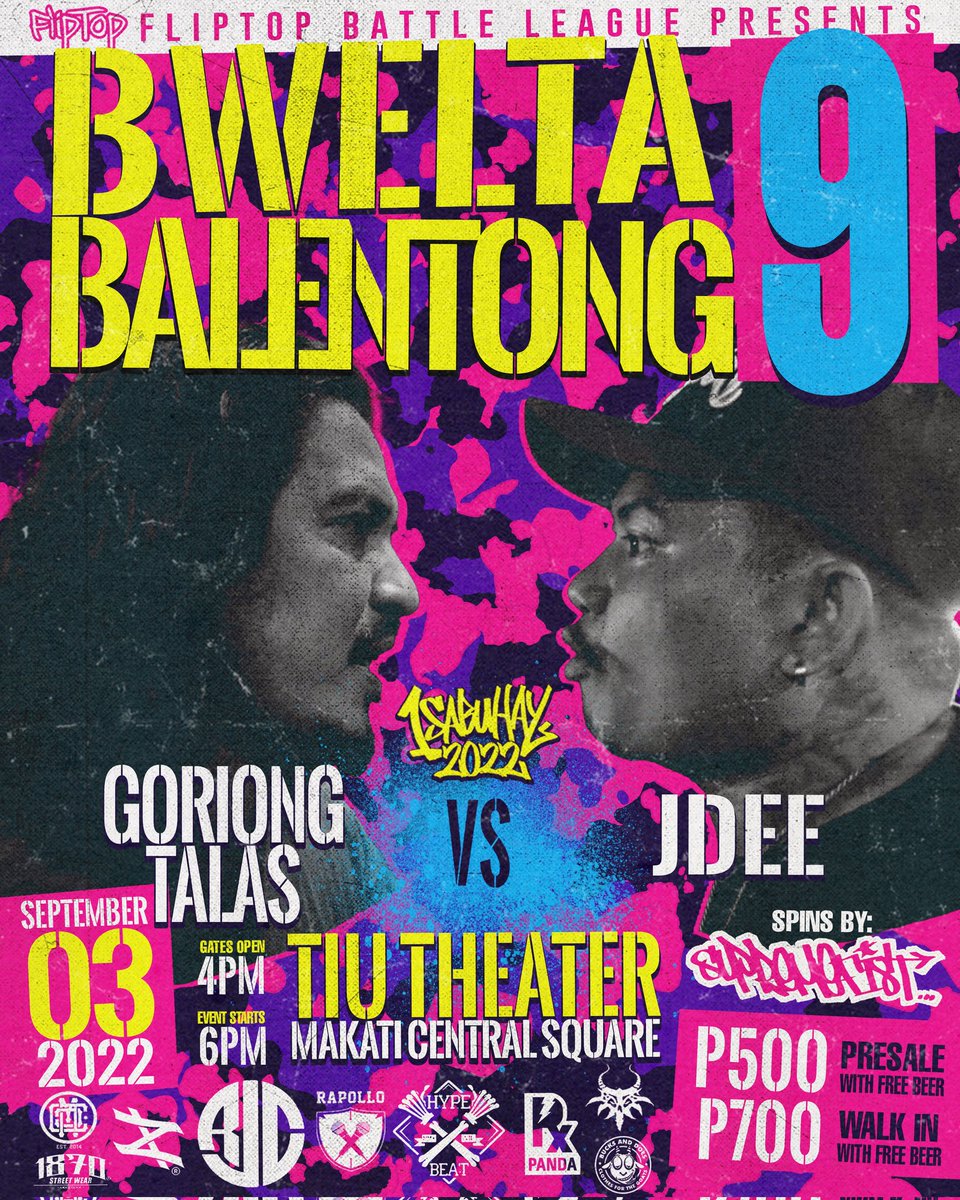 FlipTop_Battles's tweet photo. Isa sa apat na Isabuhay Quarters sa Sept 3! #GoriongTalas vs #JDee sa #BweltaBalentong9
Ano mga prediksyon niyo? https://t.co/k8PccAff0T