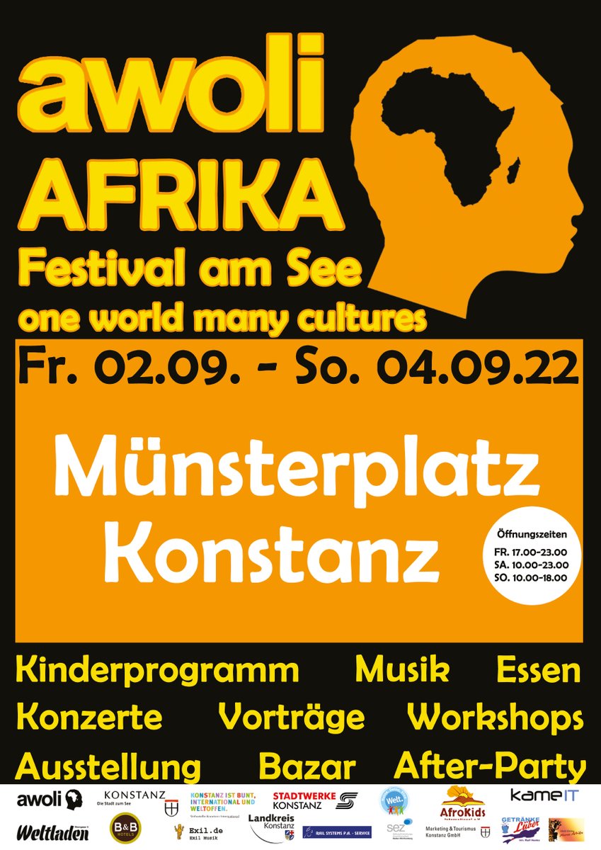 AWOLILABEL's tweet photo. Another 7 days until the 4th AWOLI Africa Festival at the lake in Konstanz.
Date: from 02.09.-04.09.22, place: Münsterplatz Konstanz
Come and experience the diversity of Africa.
Free entry! #AWOLI, #AWOLIFESTIVAL, #KONSTANZ, #STADTKONSTANZ, #AFRIKA, #FESTIVAL, #VIELFACHT, #KULTUR https://t.co/jqV5OgnC5o
