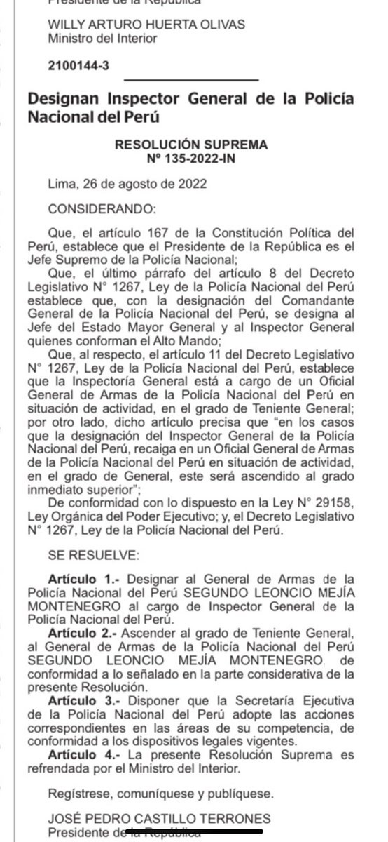 TTipiani's tweet photo. #ULTIMAHORA Ante la posible negativa del Inspector General de sancionar y destituir al Crnl Colchado, hoy amanecimos con nuevo comandante general y NUEVO INSPECTOR GENERAL DE LA PNP . Esta es una muestra que el Presidente Pedro Castillo hace y deshace en la Institución Policial. https://t.co/kgjW17osTe