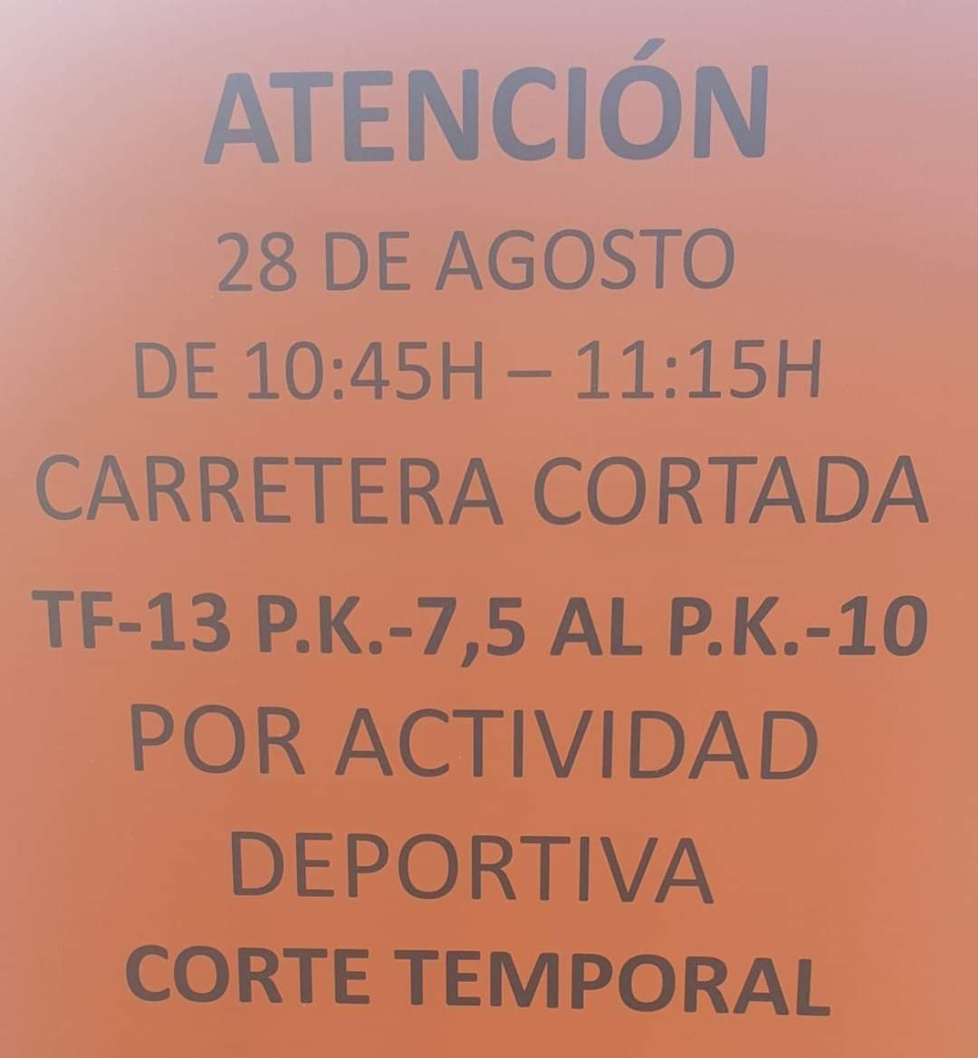 PcTegueste's tweet photo. ⚠️⚠️Recuerda⚠️⚠️⚠️ 
 Mañana pasará la 3° etapa a Vuelta Ciclista a Tenerife 
Tf-13 PK7.5 ( rotonda Pedro Álvarez) a PK 10 ( rotonda del Socorro) 
TF-154 ( Socorro - Portezuelo) 
⛔CORTE TEMPORAL⛔ https://t.co/8S1l5sKNJO