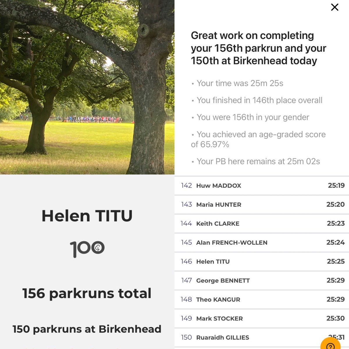 Didn’t get a PB @bheadparkrun but managed a #Shenton 😇🏃‍♀️ 25:25 🙌@BrianShenton54 & 150th  #parkrun at #birkenheadpark