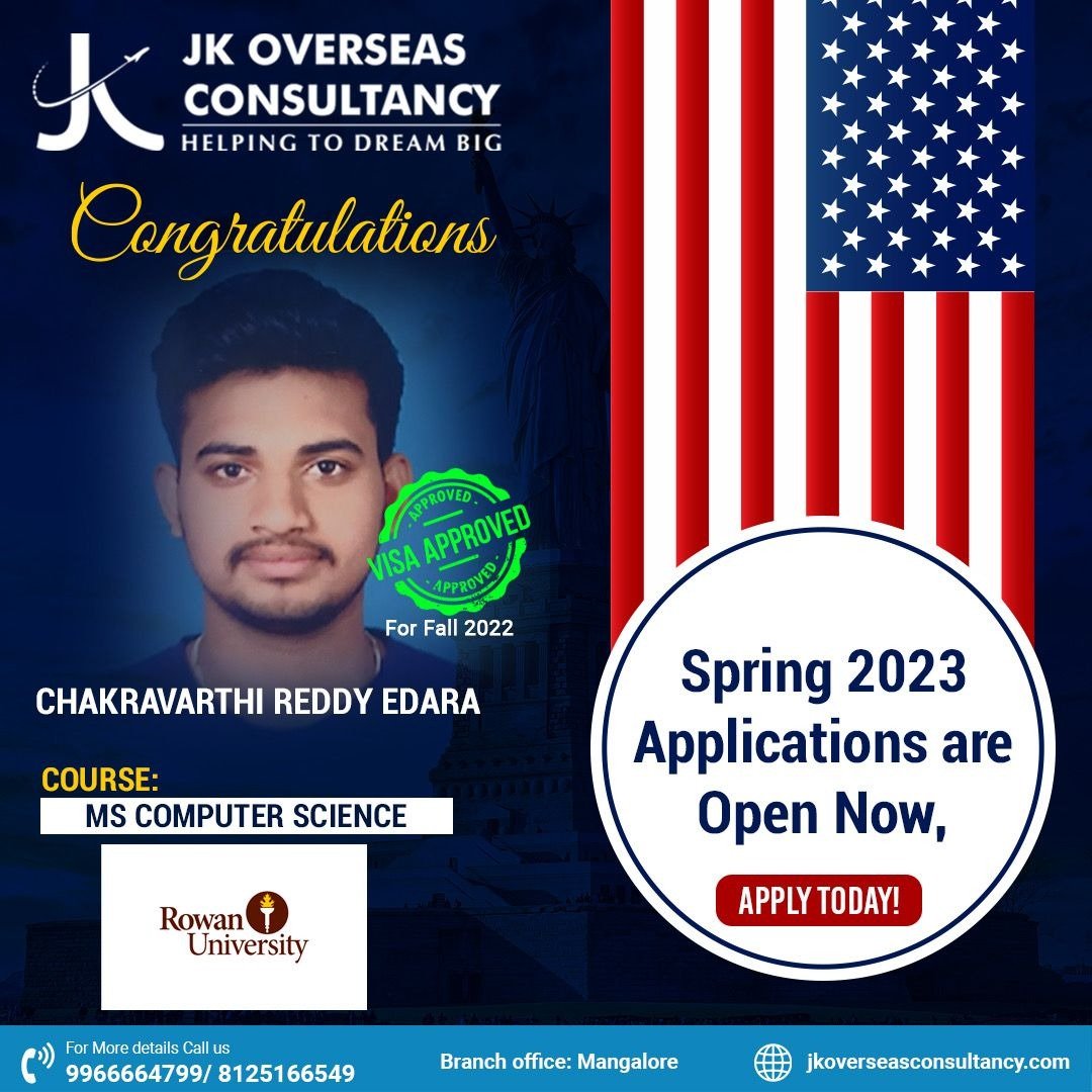 OverseasJk's tweet photo. Hearty Congratulations to Chakravarthi Reddy Edara for getting the πππ¨π πΌπ₯π₯π§π€π«ππ‘ for Fall 2022 with #RowanUniversity.
πWebsite : https://t.co/MKKIEI9HGW
#JKOverseas #Congratulations #VisaApproval #Visa #MSComputerScience #Spring2023 #StudentVISA #USA #StudyInAbroad https://t.co/xrIWJzWCzv