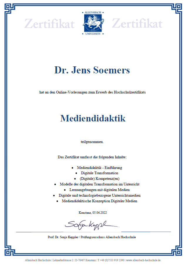 WEITERBILDUNG 💻 - Man lernt nie aus!
Ich kann meinen Schüler:innen und Student:innen die Bedeutung lebenslangen Lernens nur vermitteln, wenn ich mich selbst wie z.B. durch die Online-Vorlesungen der Allensbach Hochschule Konstanz zur Mediendidaktik ständig weiterentwickle.