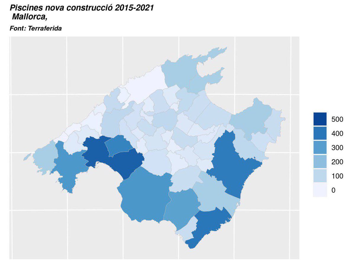 Terraferida's tweet photo. Així és reparteixen per municipis les 5.271 piscines construïdes entre 2015 i 2021. Urbanisme de luxe, boom de lloguer turístic, turisme residencial, autopistes... La nova Mallorca serà molt diferent de la que hem coneguda. https://t.co/WnFj90Odie