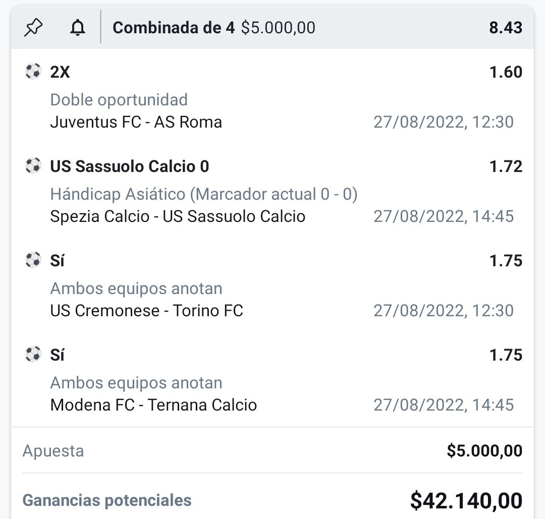 Buenos días !!!

Mis PRONÓSTICOS para la Calcio el día de hoy , hacerlas por separado 💣💣💣

🧠Apuesta con Responsabilidad 
🍀Mucha suerte