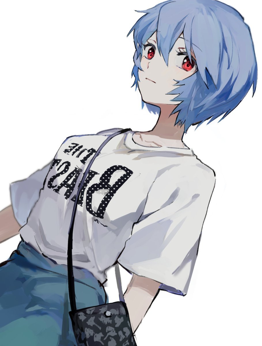 ayanami rei 1girl solo blue hair red eyes shirt white background short hair  illustration images