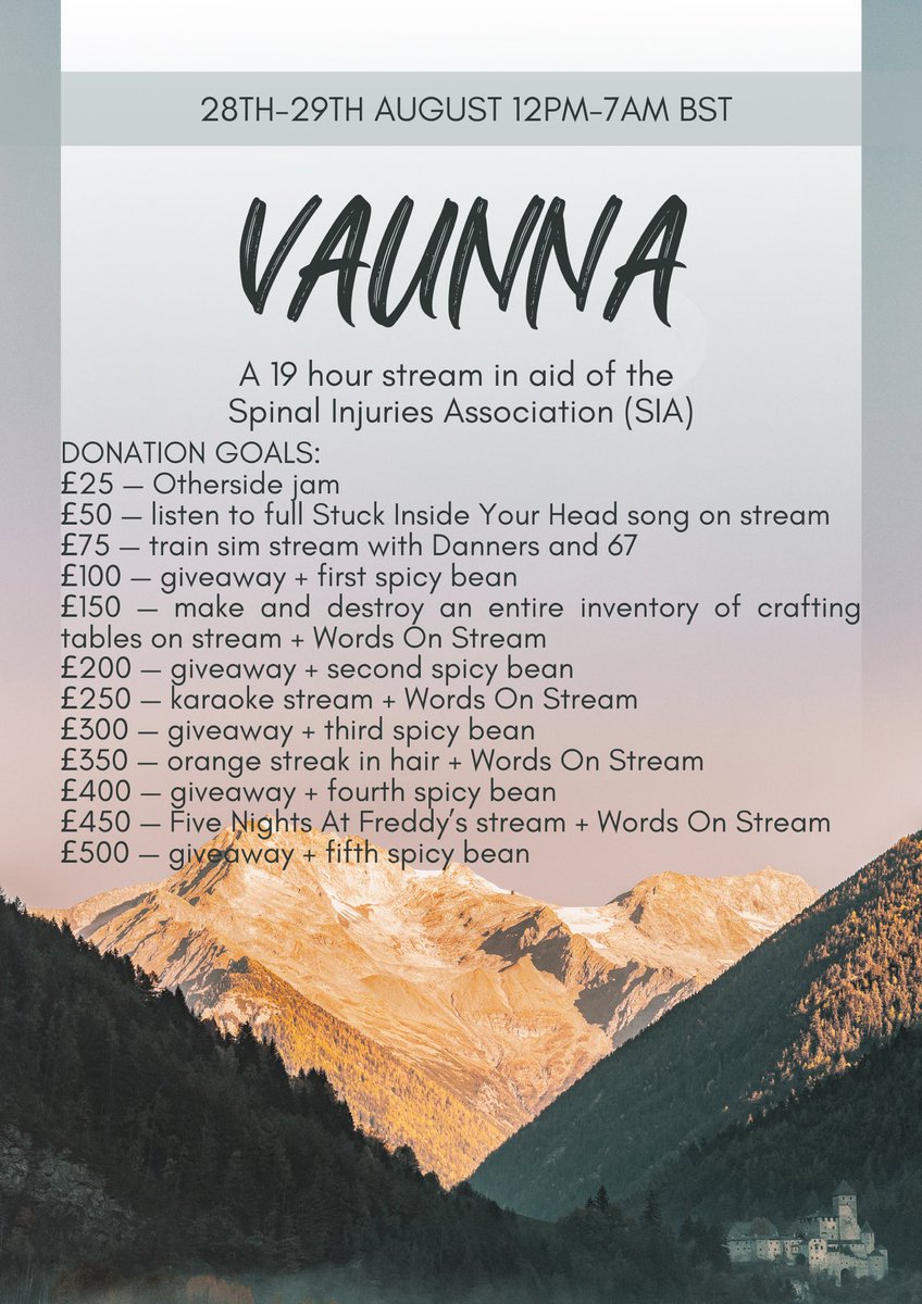 VaunnaMC's tweet photo. in 24 hours, my 19 hour charity livestream will be kicking off! special guests, special games, and special dono goals!

also the justgiving page is live now! all donations made before and during the stream contribute to the donation goals!

https://t.co/4wdYrPw6bF https://t.co/evlv44Yeh6