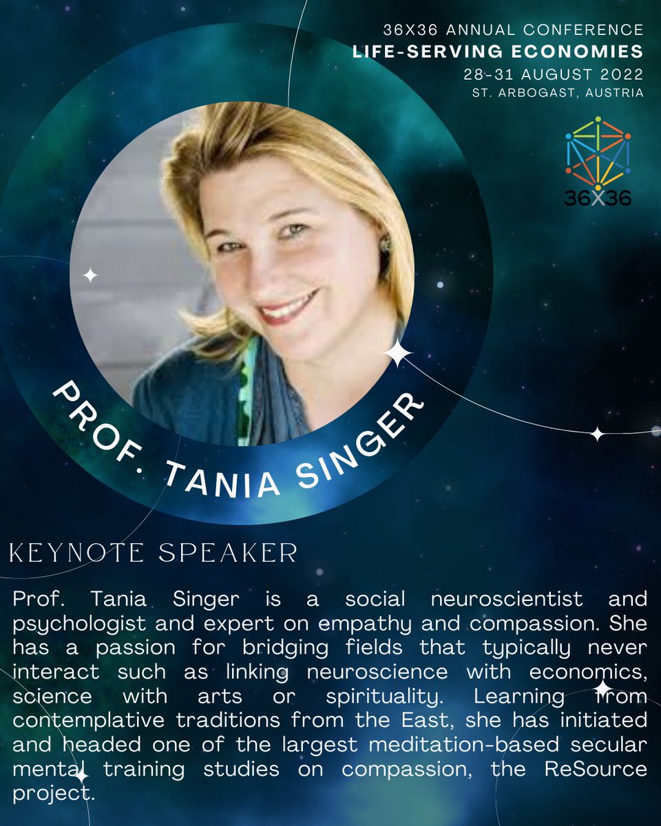 Our third #keynote speaker is none other than #TaniaSinger! She is an explorer of how inner change can bring about societal #change, putting #science in the service of #societal #transformation. Looking forward to welcoming her at the #36x36conference #Austria #1DayToGo