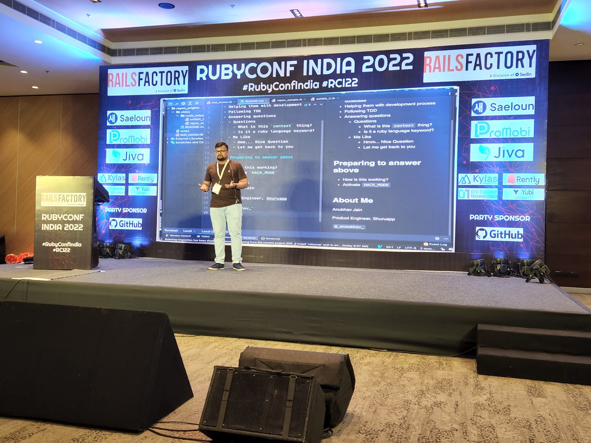 rubyconfindia's tweet photo. .@_anewbhav_  giving flash talk "yielding to the power of blocks" https://t.co/T80rdrp9Sz