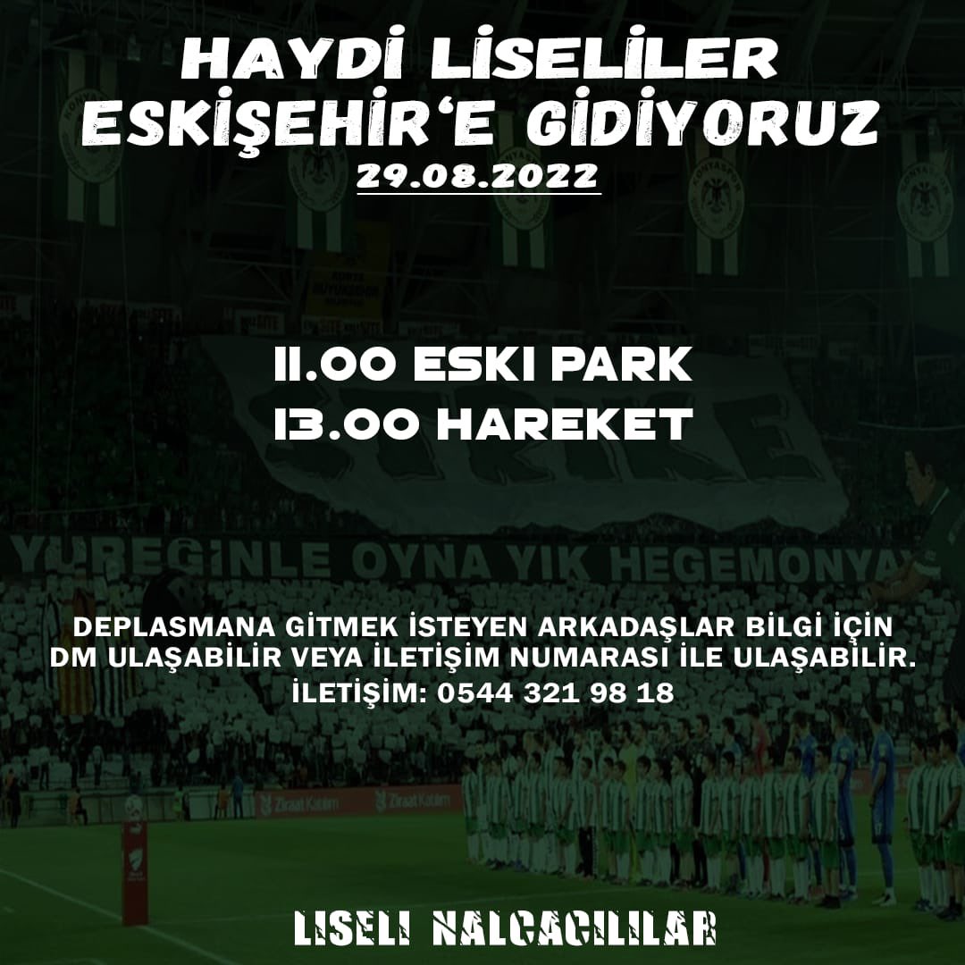 Haydi Liseliler Eskişehire Deplasmana Gidiyoruz Bizimle Beraber 90 Dakika Omuz Omuza Tribün Yapmak İsteyen Liseli Kardeşlerimiz Dm Veya İletişim Numarasından Ulaşsın ✊

#alemdeliselinalcacililar