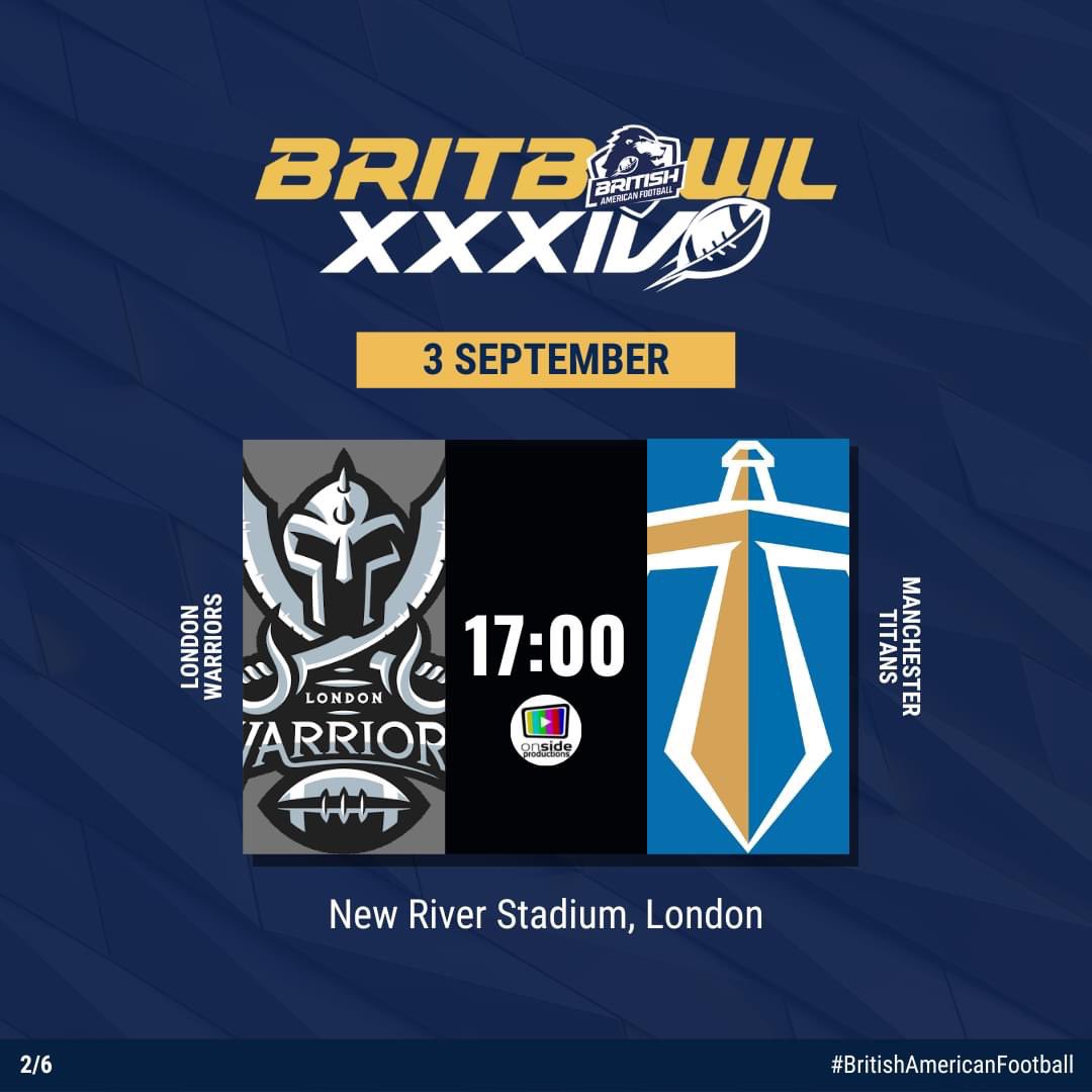 ManchesterTitan's tweet photo. Your Manchester Titans are one week away from facing off against the @LondonWarriors for a Premiership National Championship!

BritBowl XXXIV will take place on Saturday 3rd September at 5pm at New River Stadium in London. It will also be streamed on YouTube through @weareonside https://t.co/hkrmvWmqpm