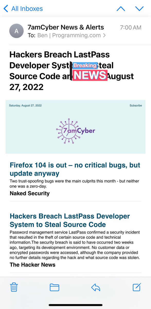 BenMuscolino's tweet image. Subscribe to @7amCyber at 7amCyber.com to read about the #Lastpass breach and more #cyber news. #cybersecurity #breach #hacker