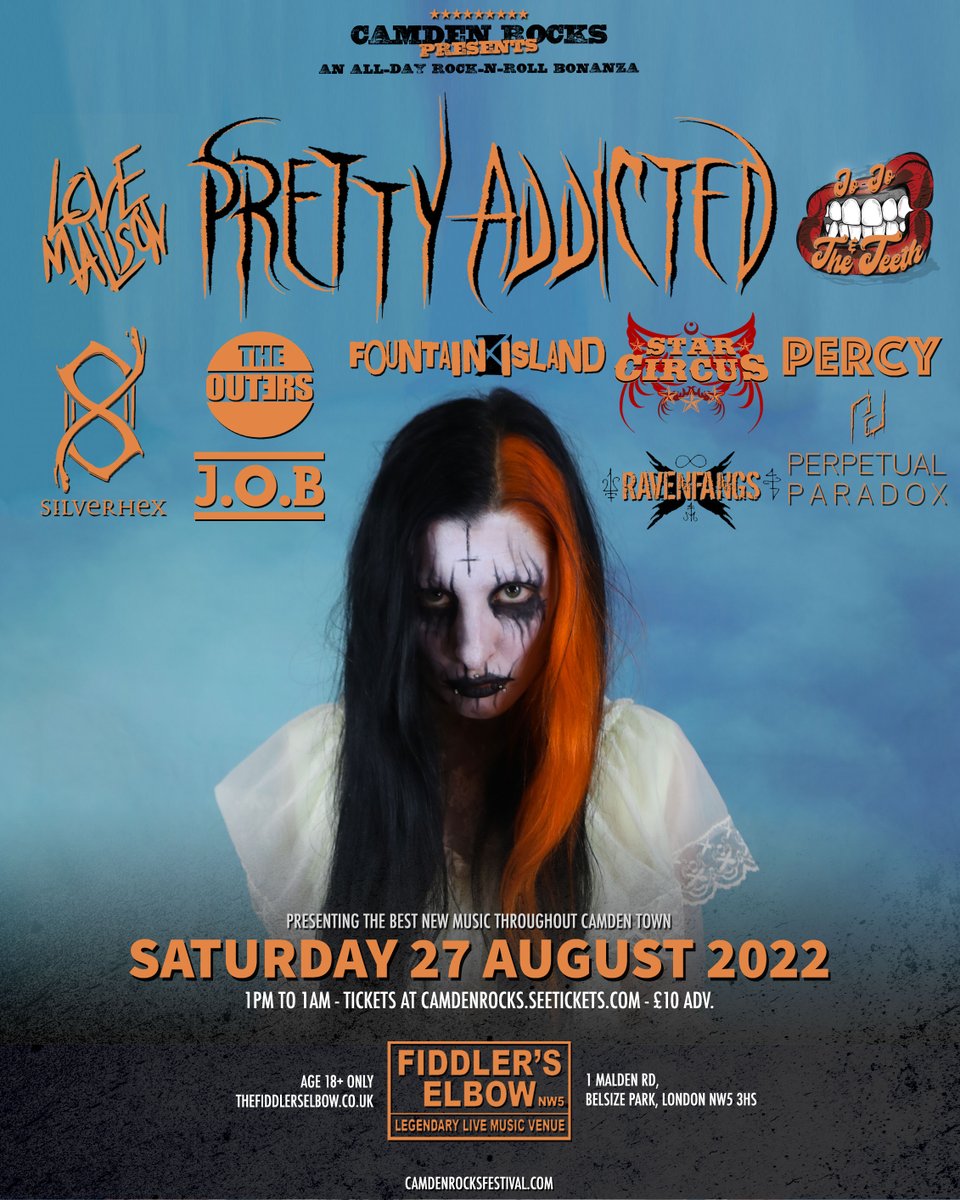 CamdenRocksFest's tweet photo. TODAY 🤘 An all-day rock-n-roll bonanza featuring #PrettyAddicted @JoJoAndTheTeeth @TheOuters @WeAreSilverhex @PercyBandUK & more live at @FiddlersCamden, Sat 27 Aug.
FINAL TIX ON THE DOOR!
With after party at @CamdenRocksClub at @TheUnderworld until 3am, on sale now https://t.co/31iGldVBk4
