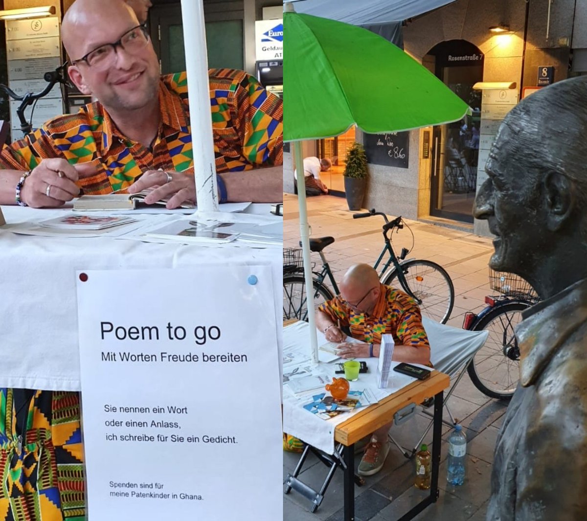 ArminRsl's tweet photo. Heute, Samstag, 27. 8., von ca. 16 bis 20 Uhr an der Sigi-Sommer-Statue am Roseneck. Gestern war's schon herrlich mit entzückenden Begegnungen. 
Gegenüber, am Rindermarkt, ist irisches Fest mit Livemusik. 
#poemtogo #poem #POEMS #gedicht #schreiben #kunst #art https://t.co/vZcMgHRxmU