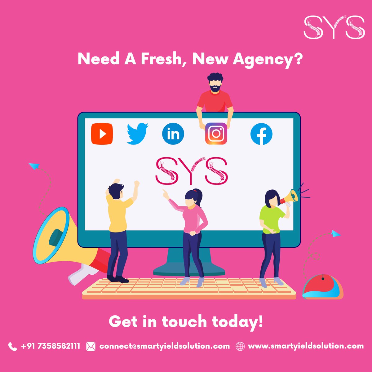 smart_yield's tweet photo. Need A Fresh, New Agency?
Get in touch today!
Contact:+91 7358582111
Email: connect@smartyieldsolution.com
Visit:https://t.co/2idlZ9zH9O
#SYS #smartyieldsolution #digitalmarketing #mobileapp #webdevelopment #ecommerce #seo #CustomApplicationDevelopment #videoproduction #webdesign https://t.co/Tc8O3abgqf