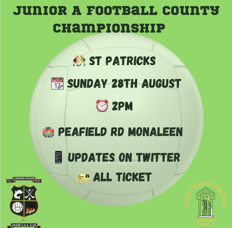 AhaneGAAClub's tweet photo. π’ FIXTURE π’
π @WoodlandsHouse Junior A Football County Championship
π @StPatsGAALimk
π Sunday 28th August
β° 2pm
π Peafield Rd Monaleen
π² Updates on Twitter and @WhatstheScor
π« https://t.co/aMGlszcqPp
Best of luck to the lads and their management!
#AllForTheClub https://t.co/tvsJ7VqzlK