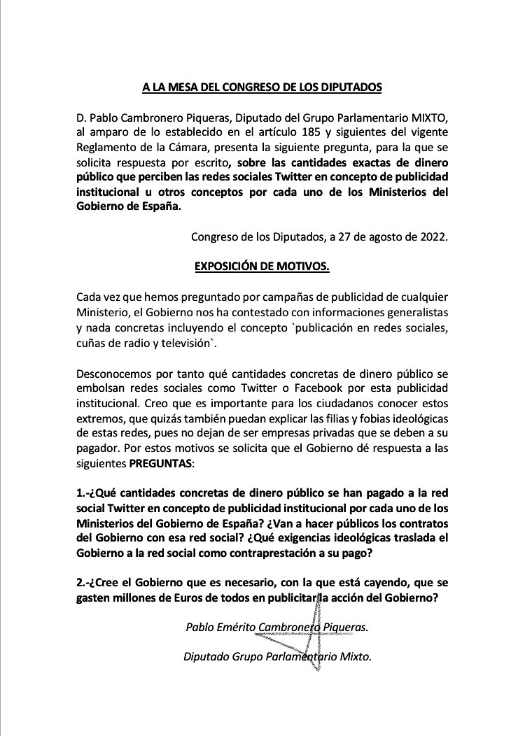 PabloCamPiq's tweet photo. 🔴 ¿Ustedes no ven en su Twitter anuncios recurrentes del Gobierno? Yo sí, a pesar de mis quejas.

Pregunto cuánto dinero público percibe Twitter en publicidad institucional de cada uno de los Ministerios y los contratos de esos pagos.

Veamos de qué está hecho @TwitterEspana https://t.co/0OnOo3Quko