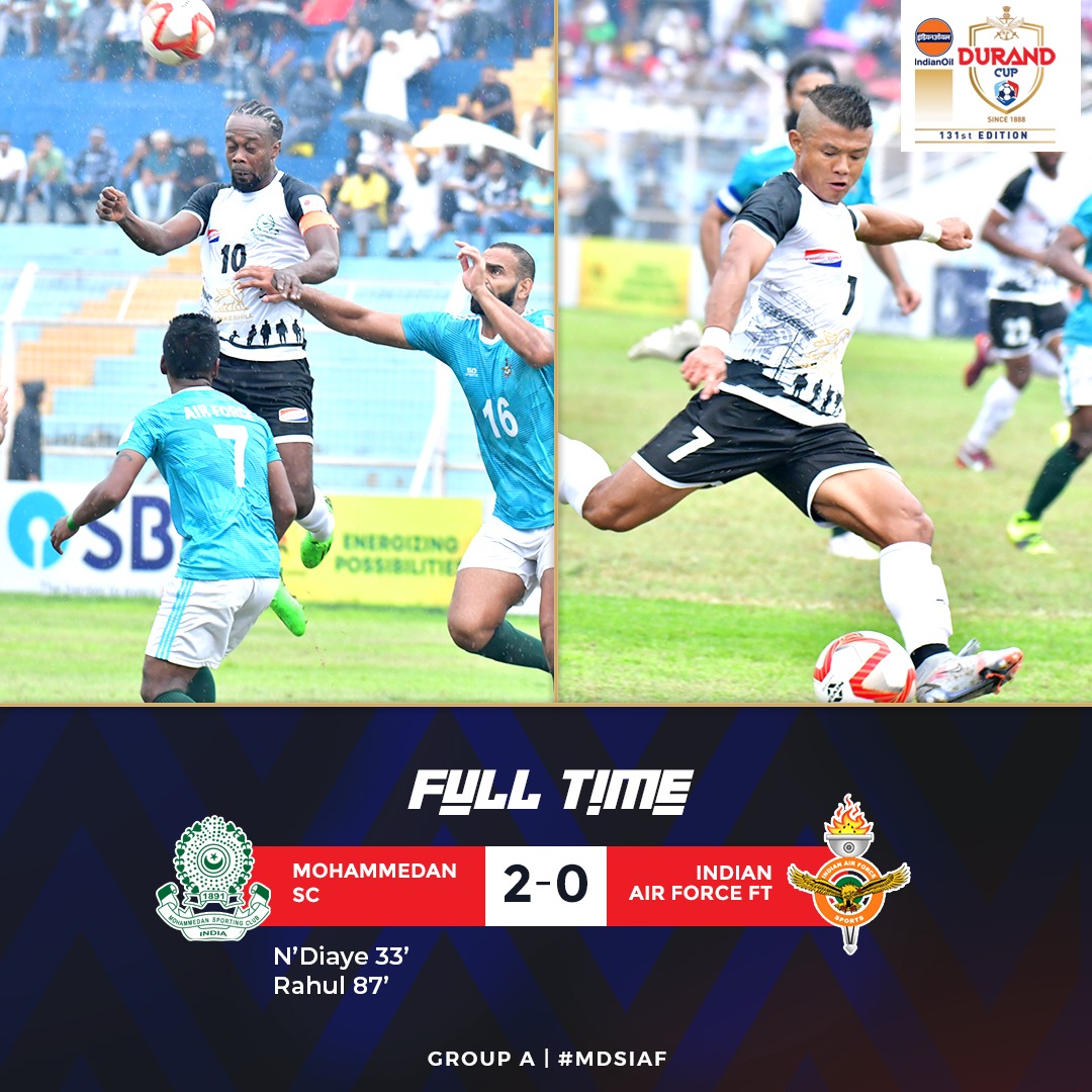 thedurandcup's tweet photo. 𝐅𝐮𝐥𝐥 𝐓𝐢𝐦𝐞!

Mohammedan SC goes on 🔝 of the Group A points table as they beat Indian Air Force comfortably to make it a hattrick of wins!

#MDS 2-0 #IAF

#MDSIAF ⚔️
#KBK 🏟️
#DurandCup 🏆
#IndianOilDurandCup 🏆
#DurandCup2022 🏆
#IndianFootball ⚽ https://t.co/g4OUmCSYNh