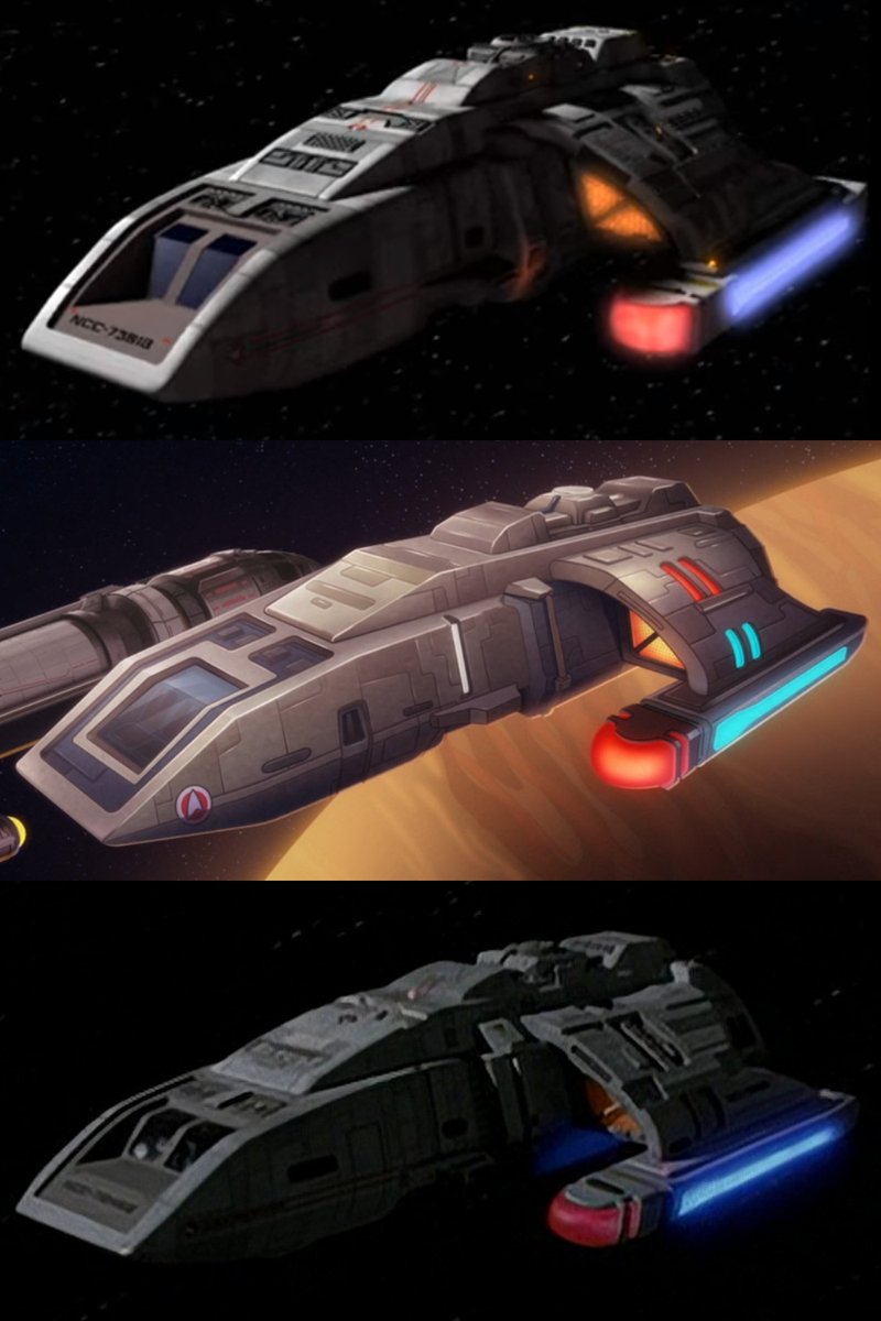 gaghyogi49's tweet photo. A Danube-class runabout in the #StarTrekLowerDecks episode "Grounded"β‘οΈ and the physical ("When it Rains"β¬οΈ) and CG model ("Tacking Into the Wind"β¬οΈ) of the ship as seen on #StarTrekDS9. Notice how the front windows have changed over the years. https://t.co/JkiP0YV4Dd