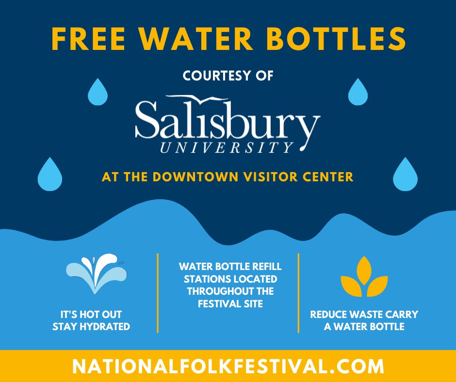 mdfolkfestival's tweet photo. It's going to be another beautiful (and hot) day at the festival. Be sure to stay hydrated. Free water bottles courtesy of Salisbury University are available at the Downtown Visitor Center (next to the Henson stage) while supplies last. #NFFMaryland https://t.co/XmB3kDEnH9