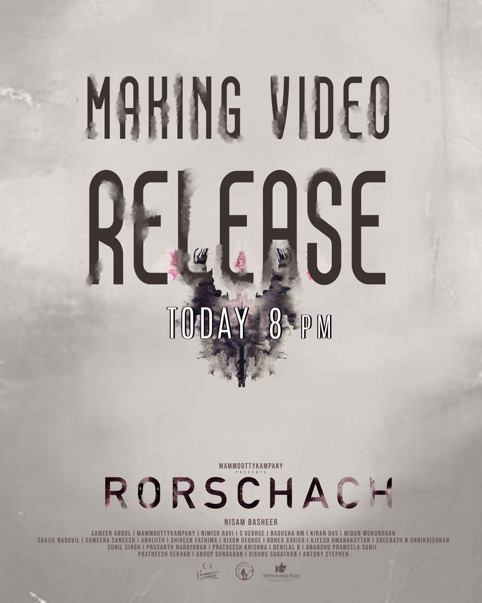 mammukka's tweet photo. #Rorschach Making Video Releasing Today at 8 pm 

Premiere Link : https://t.co/jjn0TXuzaT

@DQsWayfarerFilm @MKampanyOffl @RorschachMovie @Truthglobalofcl https://t.co/FYQUv0IQMR