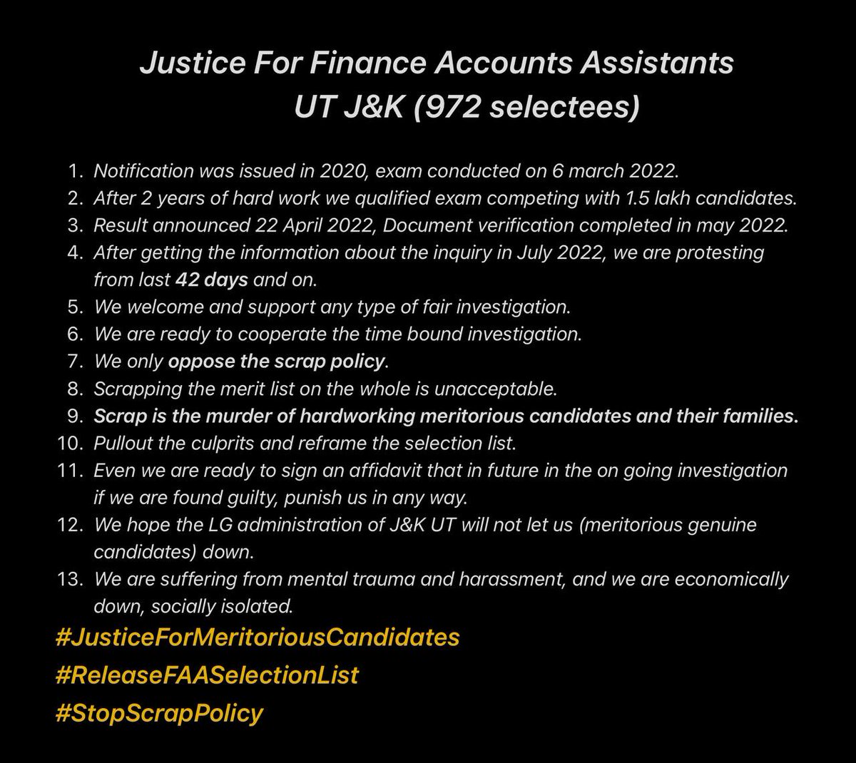 NykuRfaan's tweet photo. @DrJitendraSingh @PIB_India @PMOIndia @narendramodi @AmitShah @JPNadda @BJPLive @PIBSrinagar @RajivBabbarbjp #ReleaseFAAselectionlist
#JusticeForFAASelectees https://t.co/pSmAYzAASi